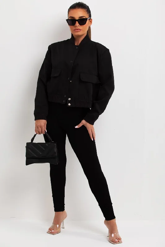 Crop Bomber Jacket Black Notch Collar Peter Pan Collar Cowl Neck