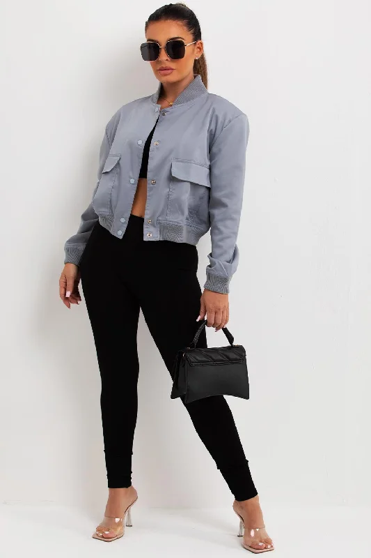 Crop Bomber Jacket Grey Insulated Jacket Fitted Jacket Loose Jacket