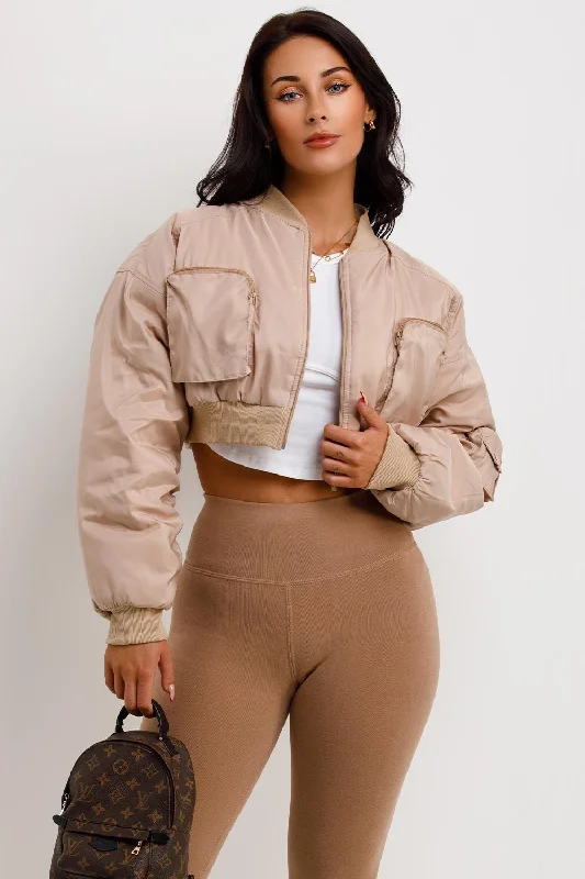 Crop Bomber Jacket With Pockets Beige Chenille Fabric Brocade Fabric Lace Fabric