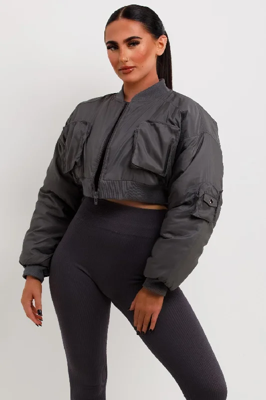 Crop Bomber Jacket With Pockets Grey Denim Jacket Leather Jacket Suede Jacket