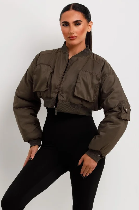 Crop Bomber Jacket With Pockets Khaki Herringbone Jacket Checkered Jacket Solid Jacket