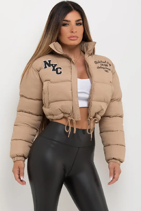 Crop Puffer Jacket With NYC Embroidery Beige Trench Coat Raincoat Waterproof Jacket