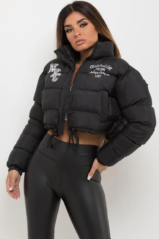 Crop Puffer Jacket With NYC Embroidery Black Faux Fur Jacket Real Fur Jacket Shearling Jacket