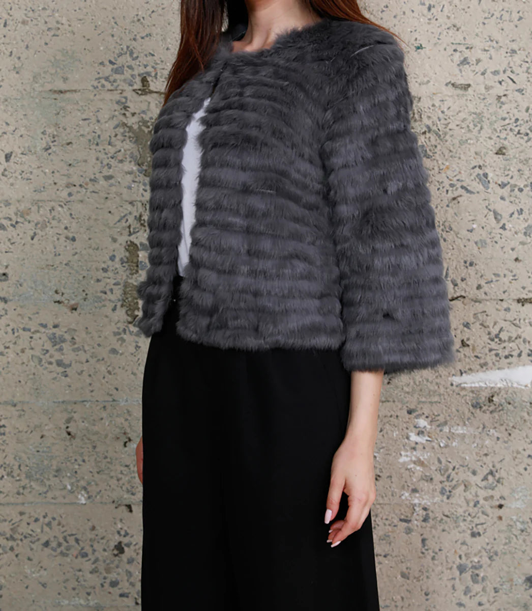 Crop Sleeve Fur Jacket - Charcoal Zippered Jacket Buttoned Jacket Snapped Jacket