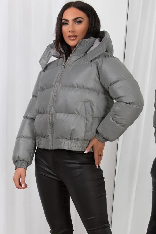 Cropped Puffer Jacket with Hood Grey Knit Jacket Woven Jacket Fleece Jacket