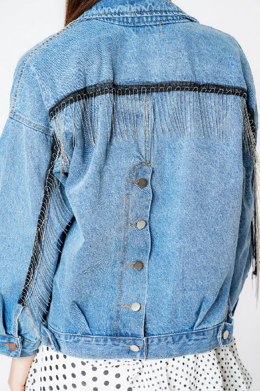 Oversized Denim Blue Beaded Fringe Button Up Jacket Fleece Jacket Down Jacket Parka