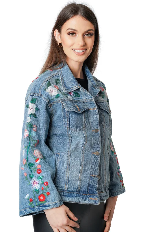 Denim Blue Floral Embroidery Flare Sleeve Jacket Hoodie Zip-Up Jacket Button-Up Jacket