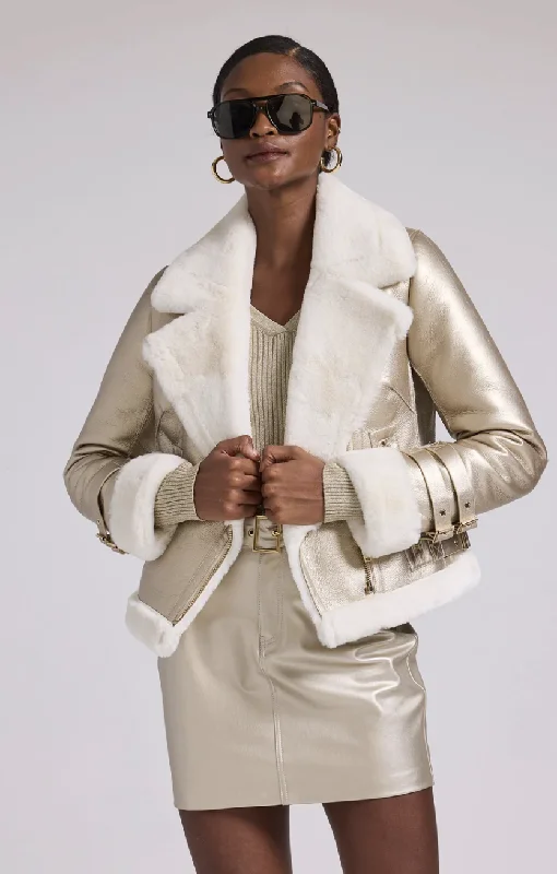 Dion Faux Fur Shearling Moto Jacket - Pale Gold / White Cotton Jacket Linen Jacket Terry Jacket