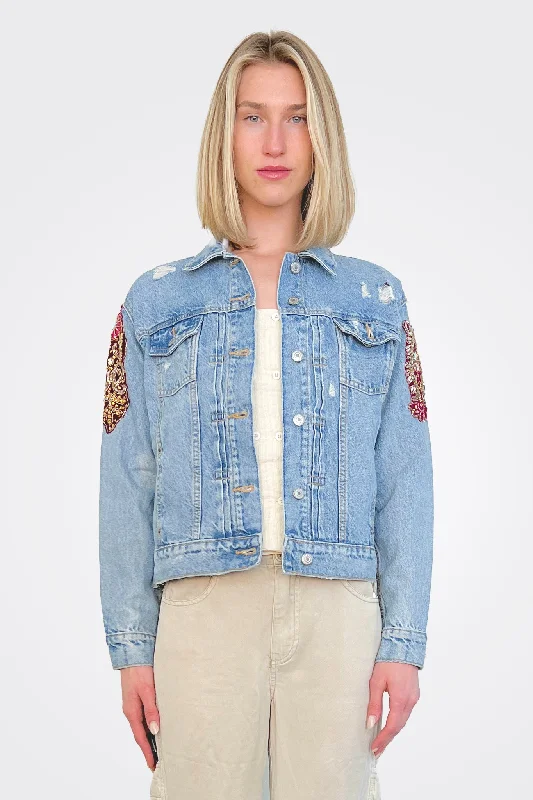 Embellished Denim Jacket - Denim One-Shoulder Jacket Off-the-Shoulder Jacket Asymmetrical Jacket