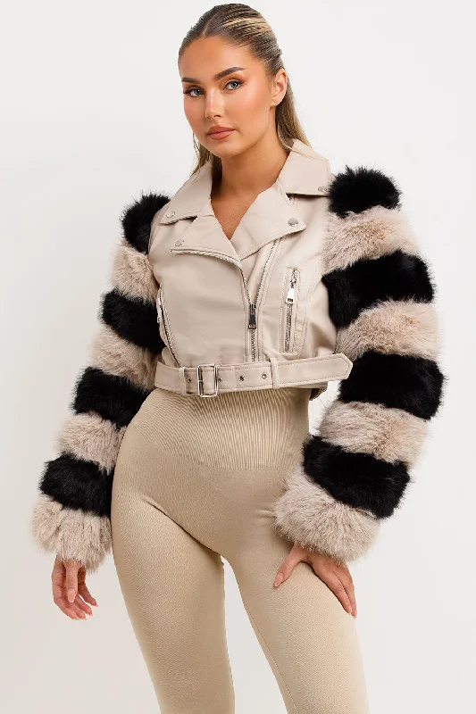 Faux Fur Faux Leather Aviator Jacket Beige Contrast Welt Pockets Slit Pockets Flap Pockets