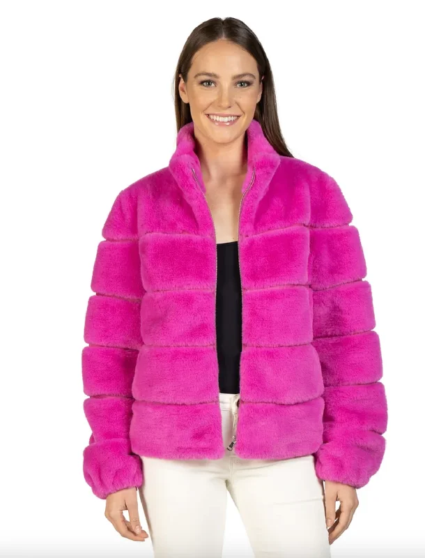 Faux Fur Jacket - Hot Pink Denim Fabric Leather Fabric Suede Fabric