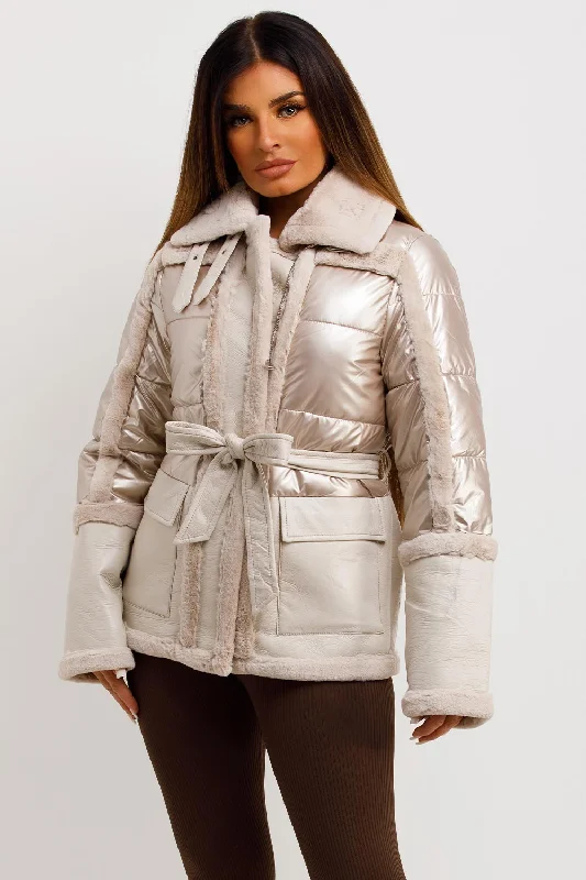 Faux Fur Trim Faux Suede Jacket In Rose Gold Elasticated Jacket Padded Jacket Insulated Jacket
