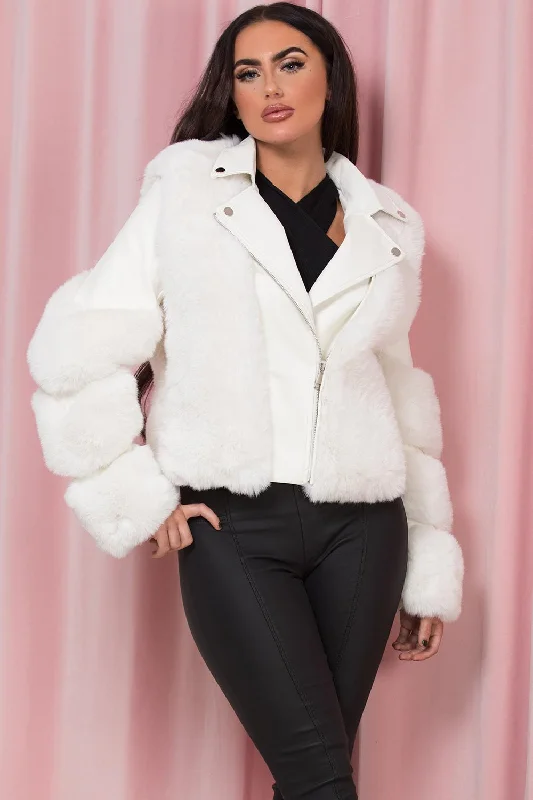 Faux Leather Aviator Jacket With Faux Fur White Fleece Fabric Down Fabric Feather Fabric