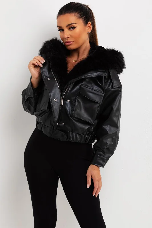 Faux Leather Bomber Jacket With Faux Fur Hood Black Denim Jacket Leather Jacket Suede Jacket