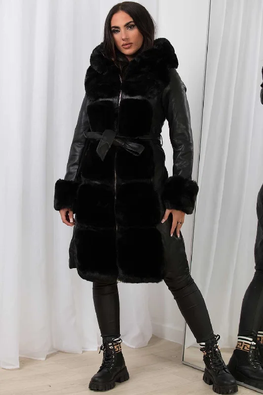 Faux Leather Faux Fur Longline Hooded Jacket Black Insulated Jacket Fitted Jacket Loose Jacket