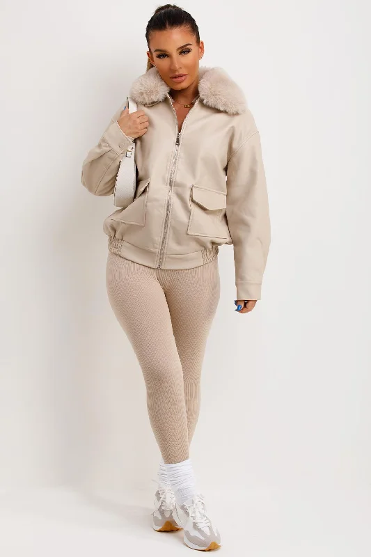 Faux Leather Jacket With Faux Fur Collar Beige Cotton Fabric Linen Fabric Terry Fabric