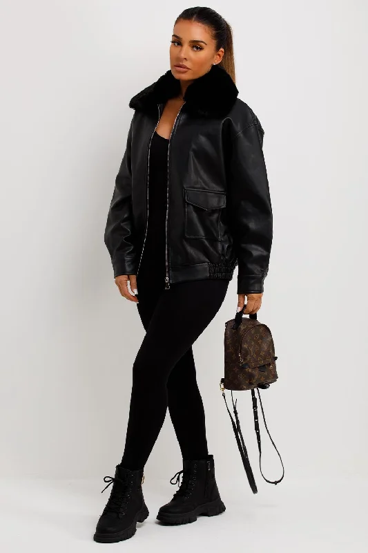 Faux Leather Jacket With Faux Fur Collar Black Satin Fabric Silk Fabric Chiffon Fabric