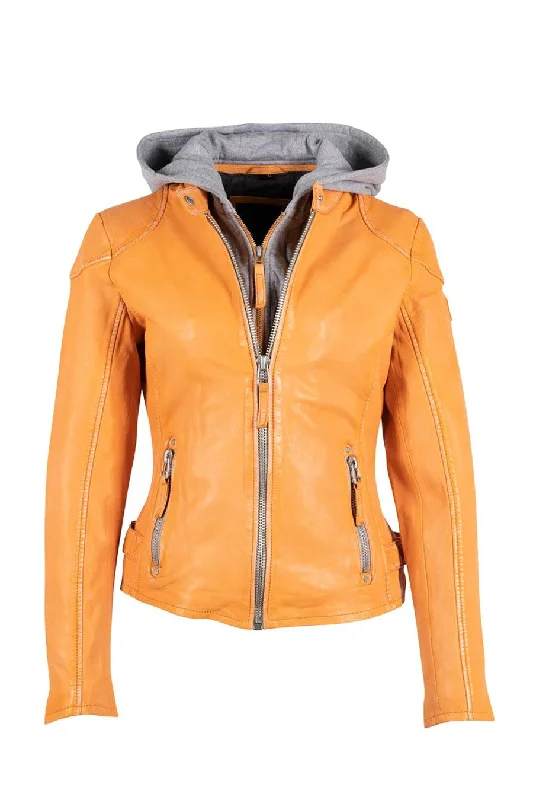 Finja Hooded Leather Jacket - Apricot Crush Collared Jacket Crew Neck Jacket Turtle Neck Jacket