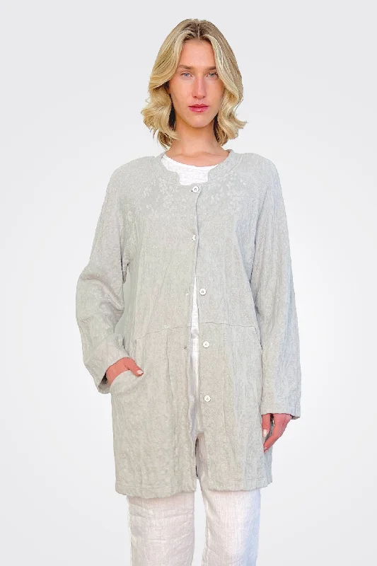 Floral Cotton Linen Jacquard Knitted Mid Jacket - Grey Tailored Jacket Straight Jacket A-Line Jacket