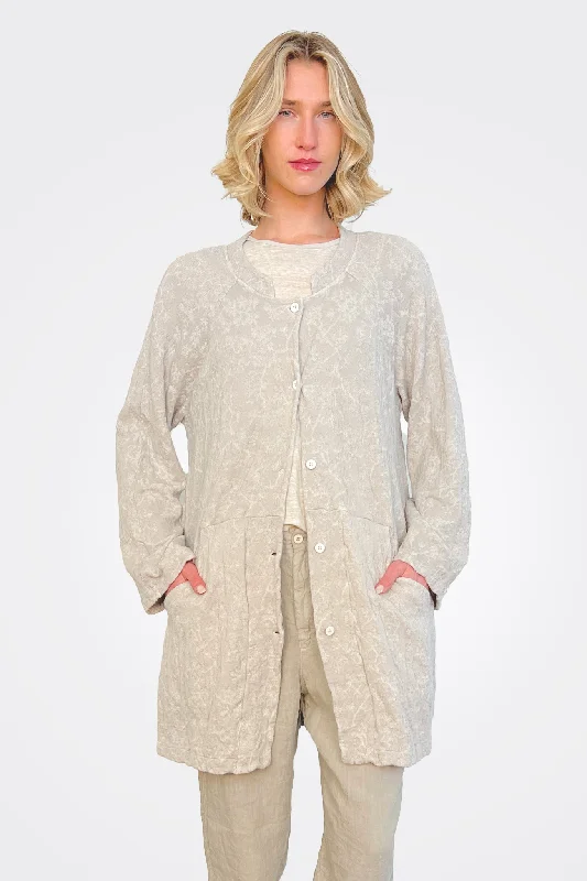 Floral Cotton Linen Jacquard Knitted Mid Jacket - Sand Wool Jacket Cashmere Jacket Tweed Jacket