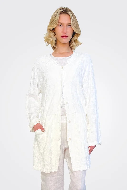 Floral Cotton Linen Jacquard Knitted Mid Jacket - White Front Pockets Side Pockets Patch Pockets
