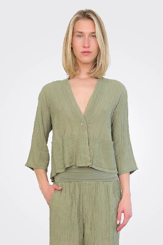 Half Sleeve Texture Jacket - Green Water Zippered Jacket Buttoned Jacket Snapped Jacket
