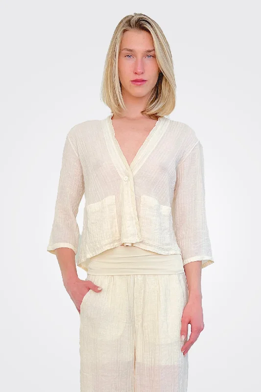 Half Sleeve Texture Jacket - Ivory Hooded Jacket Caped Jacket Shawl Collar Jacket
