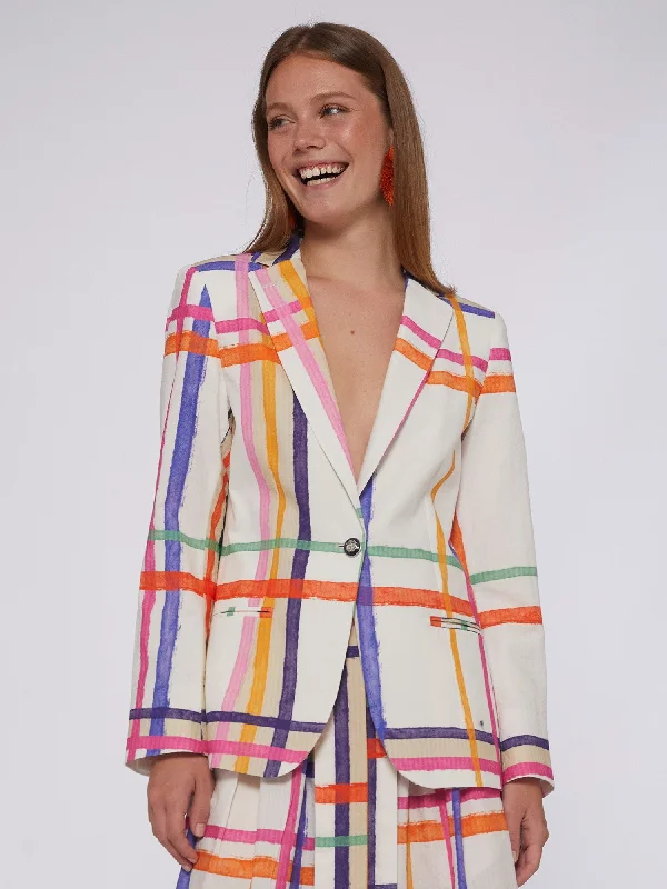 Hannah Check Jacket - Watercolor Print Front Pockets Side Pockets Patch Pockets