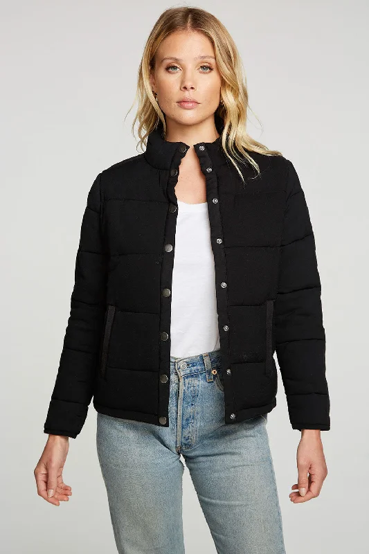 Heirloom Wovens Quilted Cropped Mock Neck Puffer Jacket Nylon Fabric Polyester Fabric Spandex Fabric