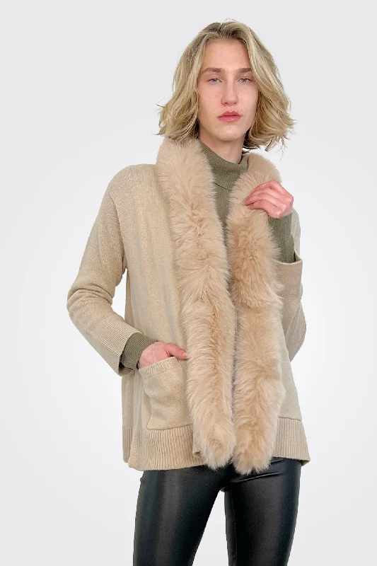 Isla Fur Trim Jacket - Chai Chai Fox Wool Fabric Cashmere Fabric Tweed Fabric