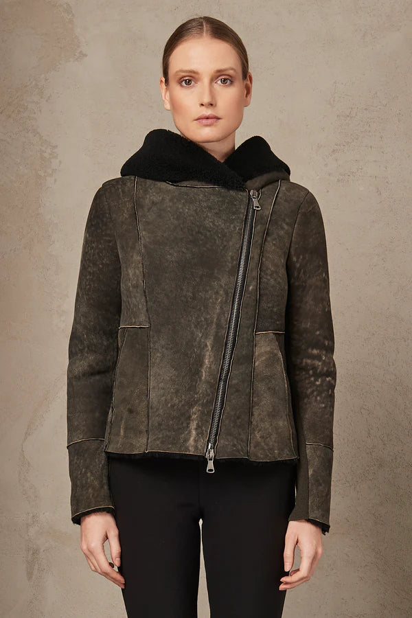 Hooded Sheepskin Jacket - Mud Oversized Jacket Tailored Jacket Straight Jacket
