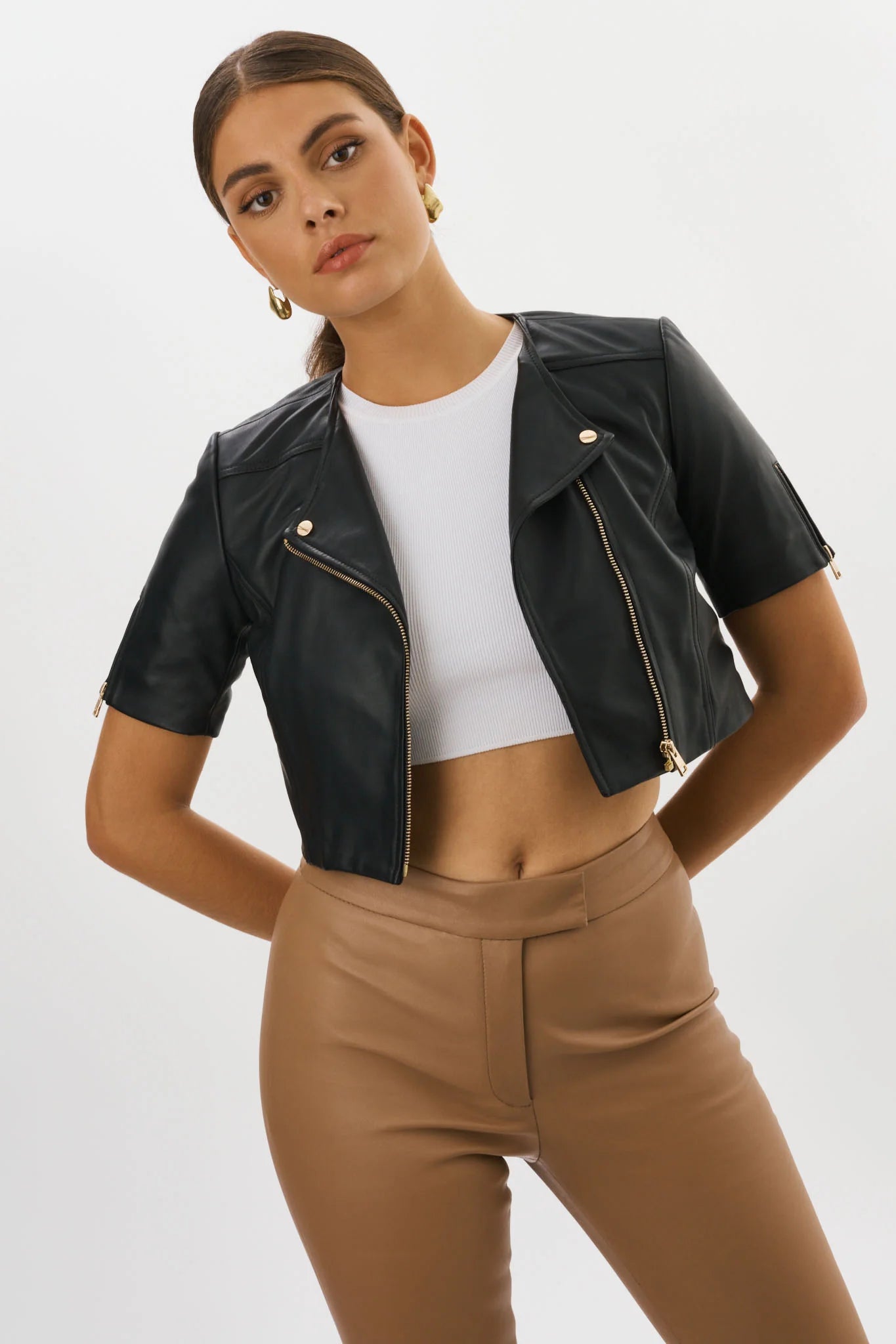 Kirsi Cropped Biker Jacket - Black A-Line Jacket Boat Neck Shawl Collar