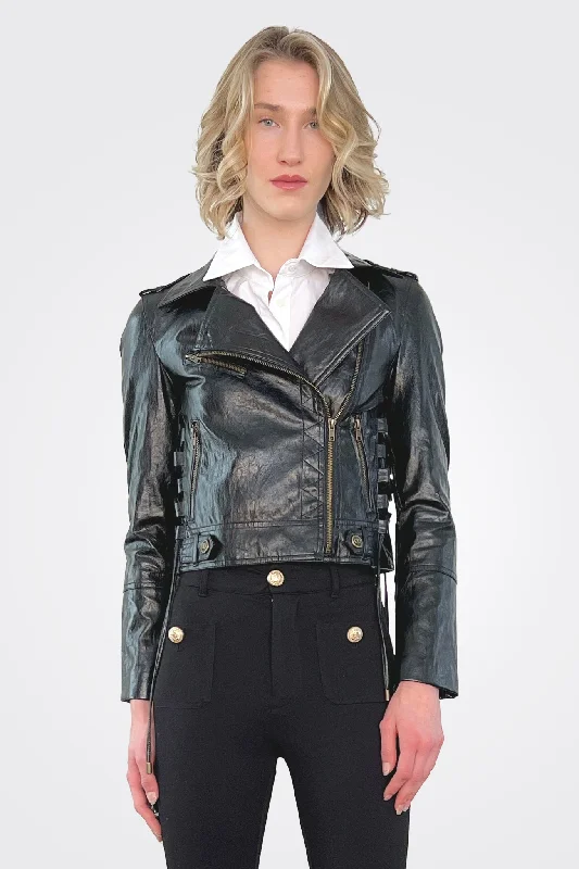 Leather-Like Biker Jacket - Black Herringbone Jacket Houndstooth Jacket Plaid Jacket