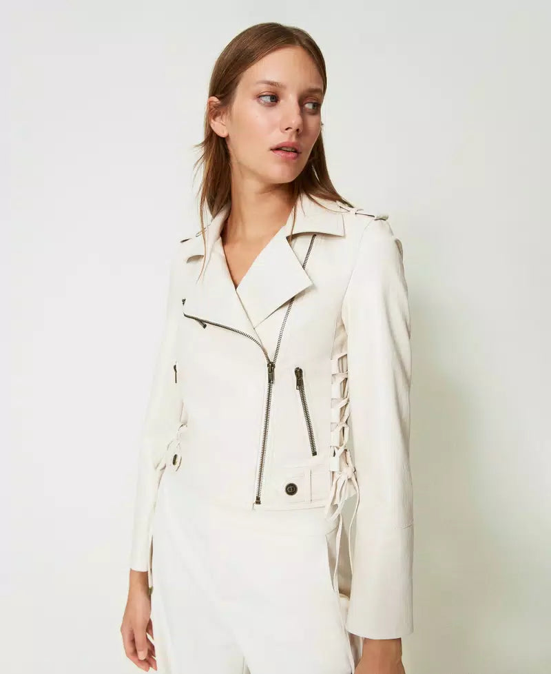 Leather-Like Biker Jacket - White Snow Striped Jacket Polka Dot Jacket Floral Jacket
