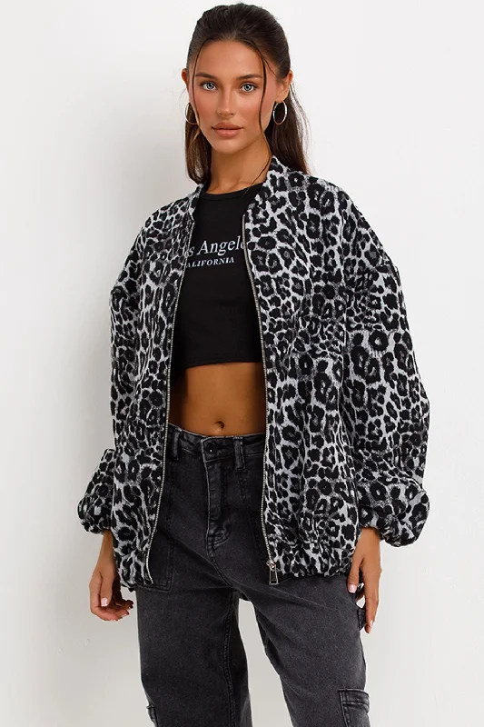 Leopard Print Bomber Jacket Grey Zippered Front Buttoned Front Snap Front