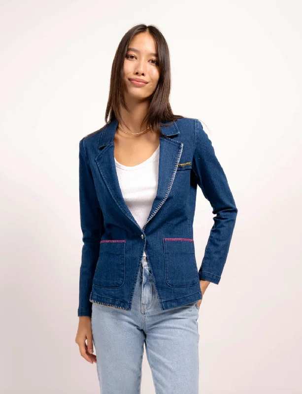 Mallory Denim Whipstitch Jacket - Blue Cotton Jacket Linen Jacket Terry Jacket