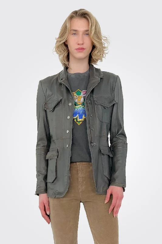 Meryl Leather Jacket - Graystone Welt Pockets Slit Pockets Flap Pockets