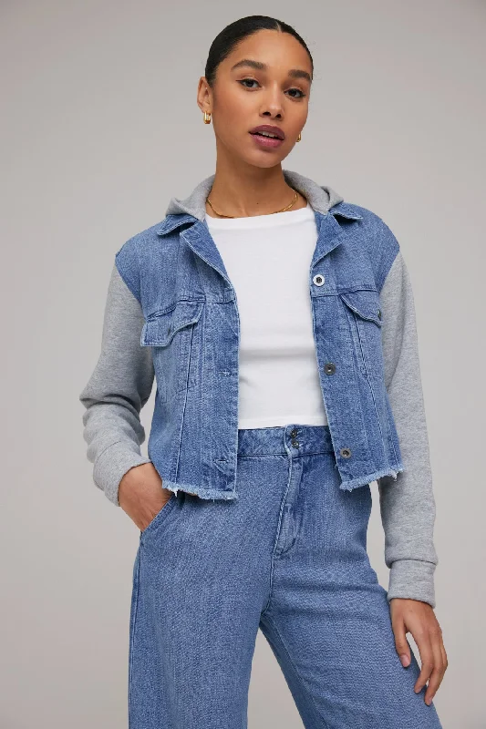 Montana Hoodie Jean Jacket - Vintage Streaky Wash Hooded Jacket Caped Jacket Shawl Collar Jacket