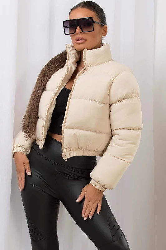 Off White Crop Puffer Jacket Tiered Jacket Buttoned Jacket Zippered Jacket