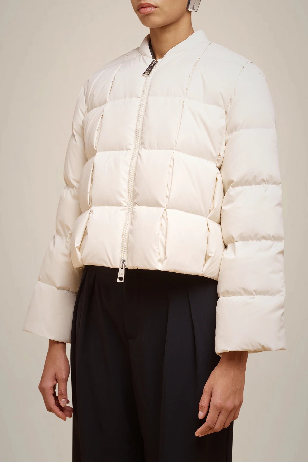 Padded Down Jacket - Almond Welt Pockets Slit Pockets Flap Pockets