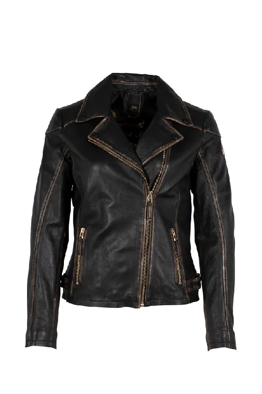 Peggie Leather Jacket - Black Beige Ribbed Jacket Pleated Jacket Ruffled Jacket