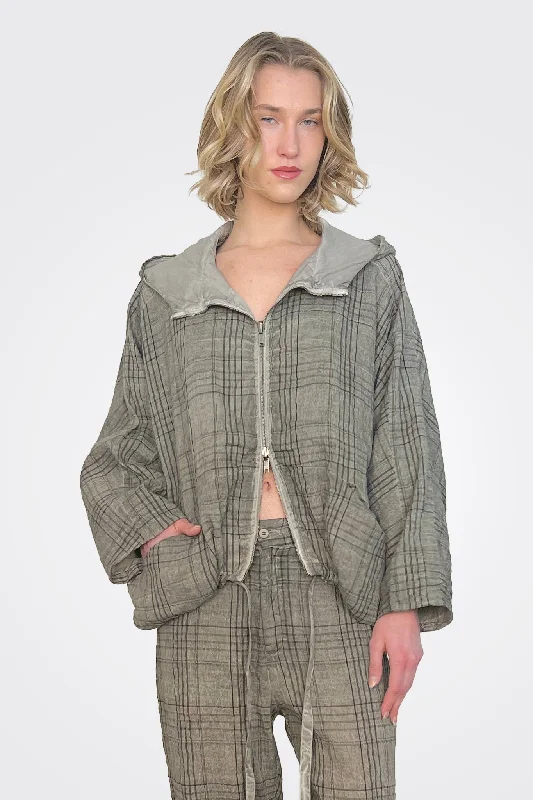 Plaid Zip Up Hooded Jacket - Grey Nylon Jacket Polyester Jacket Spandex Jacket