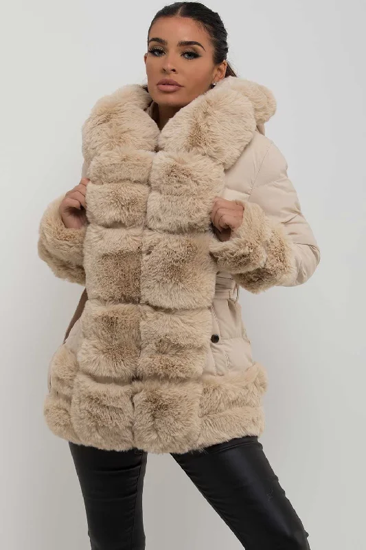 Puffer Jacket With Fur Hood Cuff And Trim Beige Knit Fabric Woven Fabric Fleece Fabric
