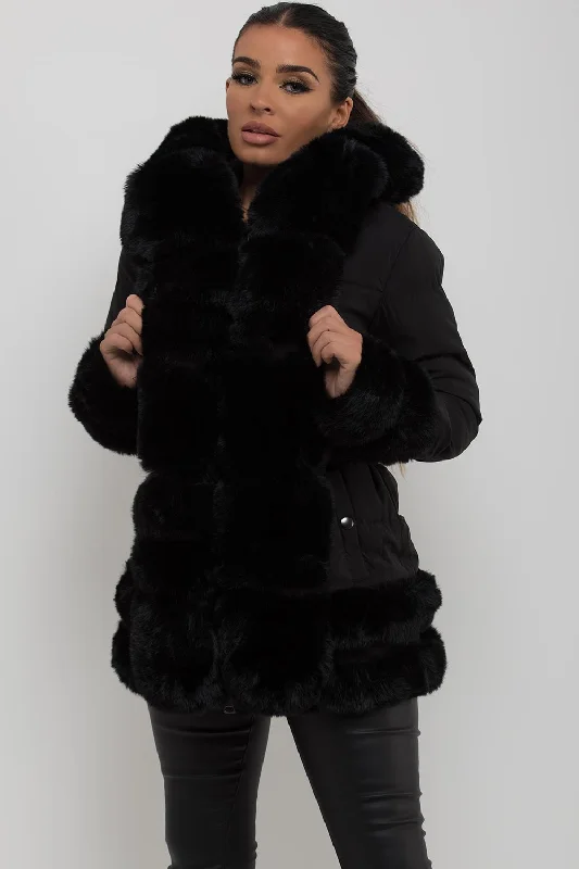 Puffer Jacket With Fur Hood Cuff And Trim Black Fleece Fabric Down Fabric Feather Fabric