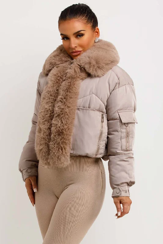 Puffer Jacket With Fur Trim Beige Faux Fur Jacket Real Fur Jacket Shearling Jacket