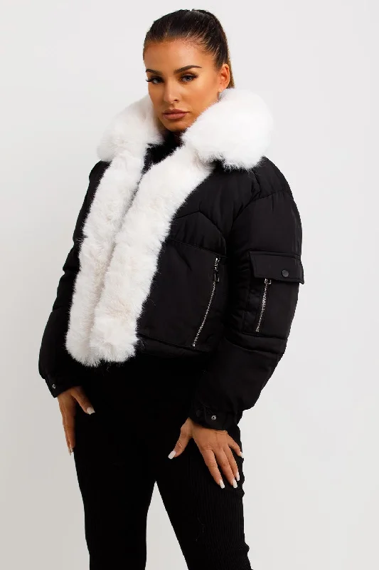 Puffer Jacket With Fur Trim Black Tailored Jacket Straight Jacket A-Line Jacket