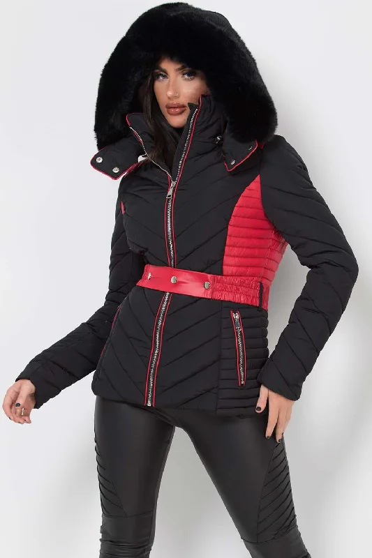 Puffer Quilted Jacket With Faux Fur Hood Belted Black And Red Oversized Jacket Tailored Jacket Straight Jacket