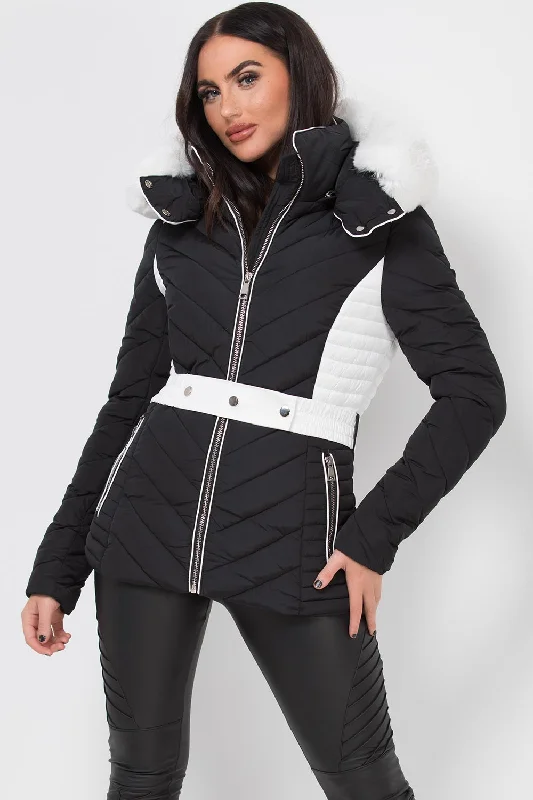 Puffer Quilted Jacket With Faux Fur Hood Belted Black And White Striped Jacket Polka Dot Jacket Floral Jacket