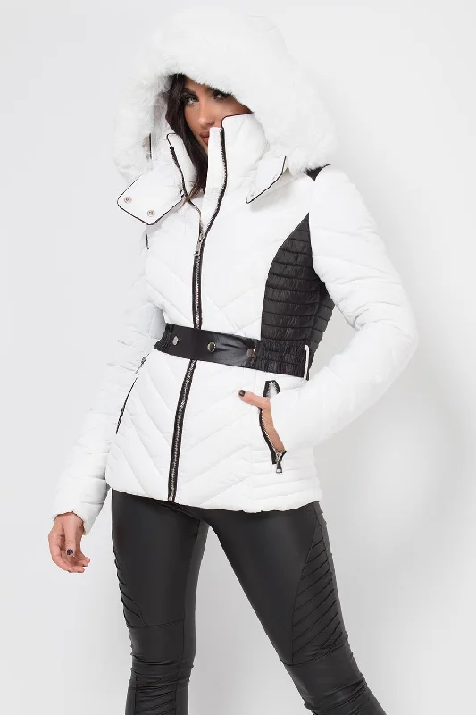 Puffer Quilted Jacket With Faux Fur Hood Belted White Herringbone Jacket Houndstooth Jacket Plaid Jacket