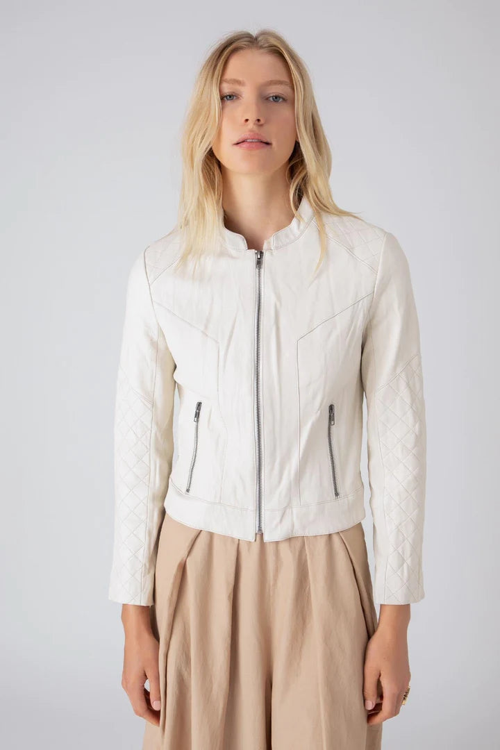 Quilted Washed Leather Jacket - Pearl Faux Fur Fabric Real Fur Fabric Shearling Fabric